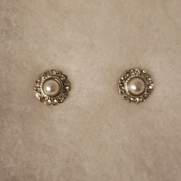 Jewelry - 3/$10 Silvertone Faux Pearl Crystal Halo Studs Pierced Earrings Bridal 1mm